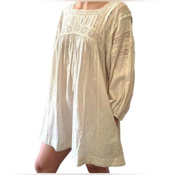 Free People Dresses & Skirts - Free People Mini Dress Mineral Azalea Cream Lace Tunic Top Eyelet Cotton XS EUC